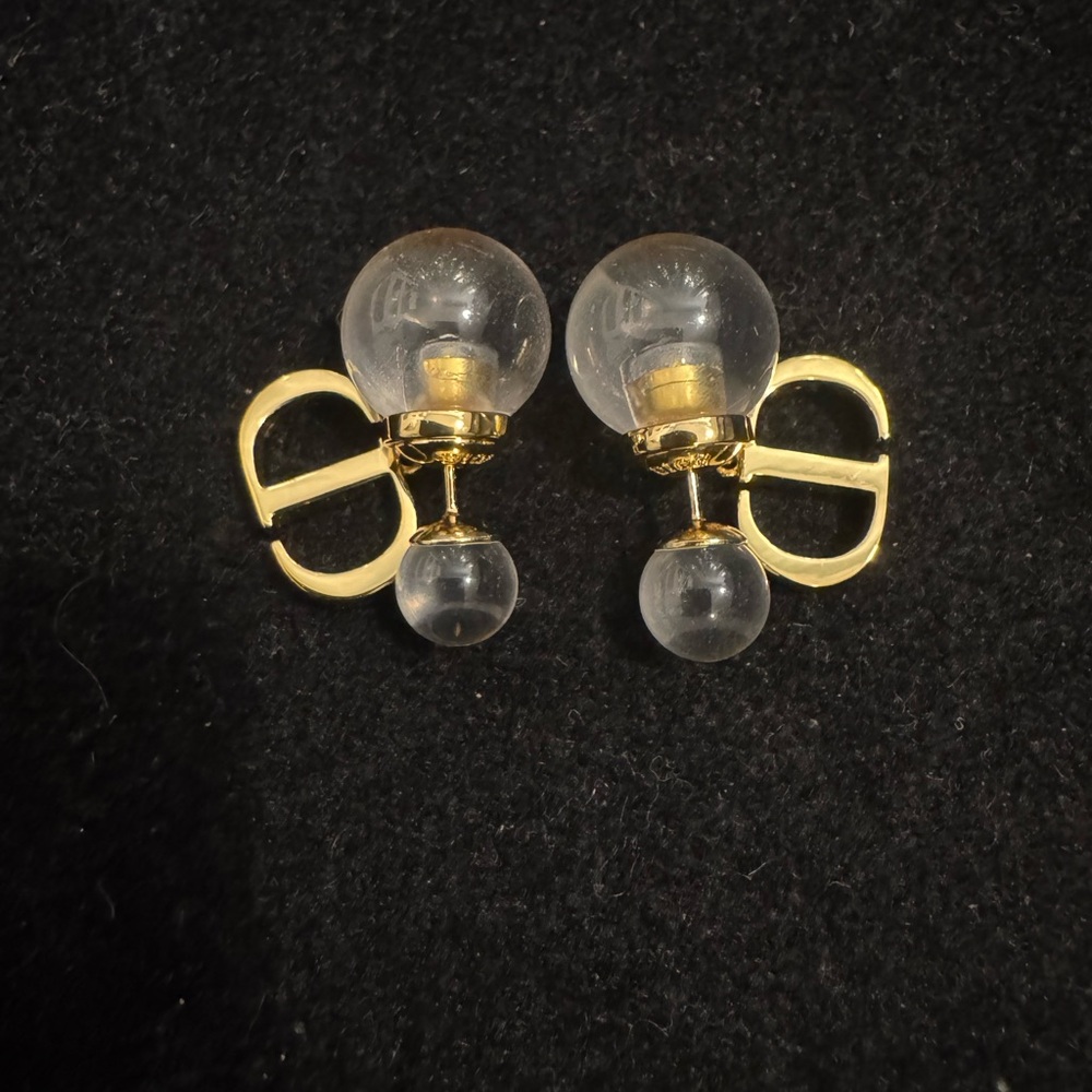 Dior Gold Tone Clear Double Ball Earrings - Picture 2 of 5